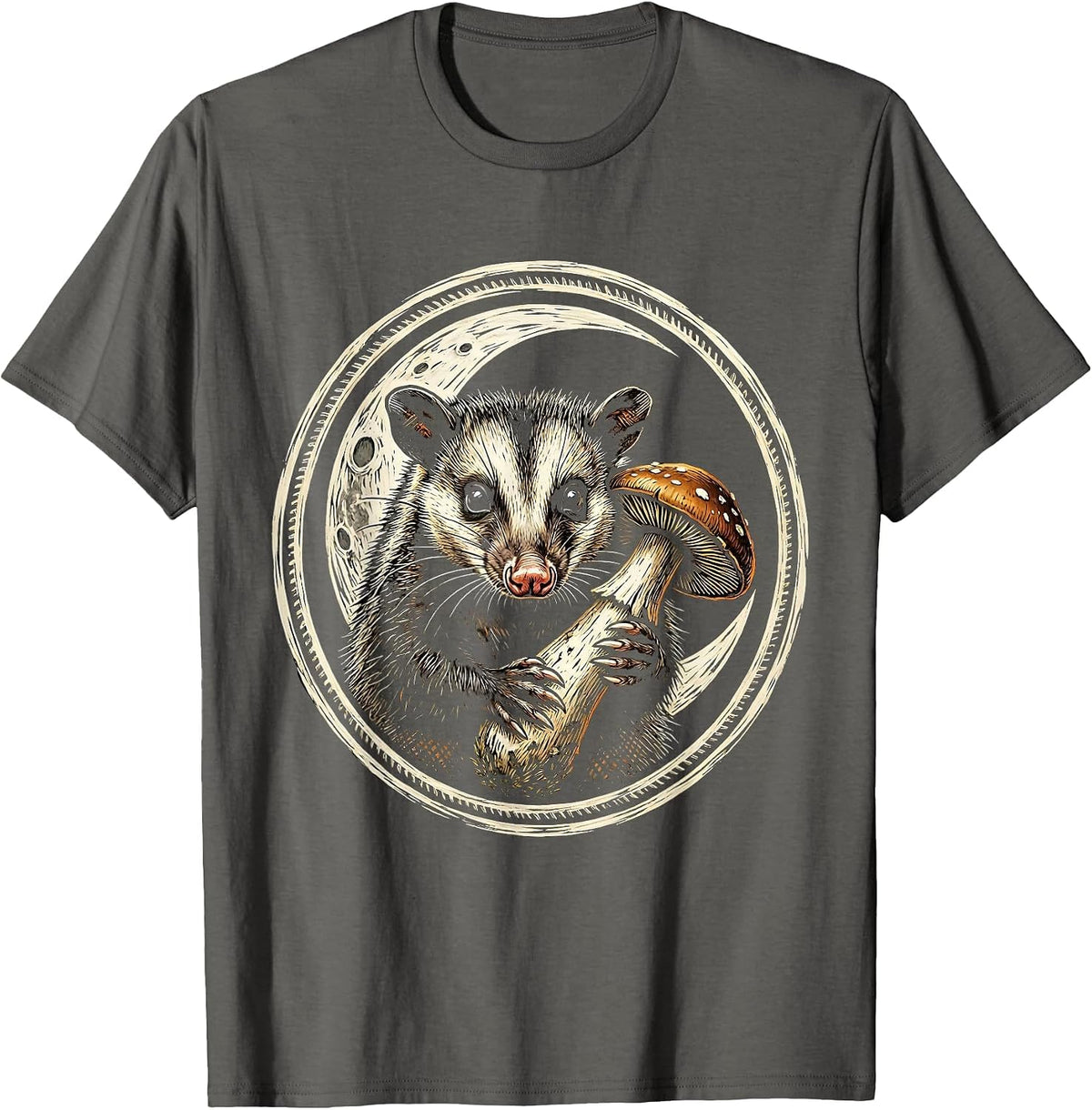 Men's Opossum Mushroom Crescent Moon Nature Art T-Shirt - Asphalt Grey
