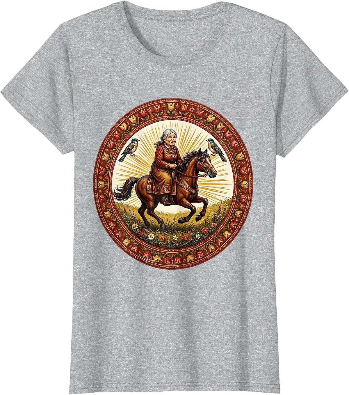 Grandma Riding Horse Through Open Meadow T-Shirt - Heather Grey