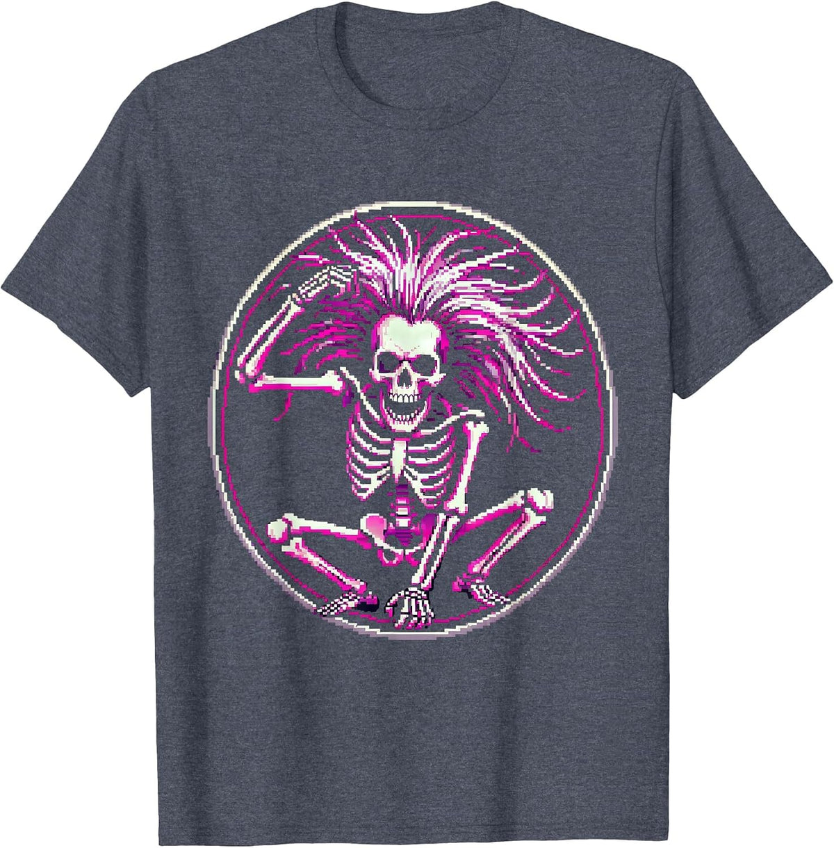 Dancing Skeleton Headbanging Rock Music Graphic T-Shirt - Heather Blue