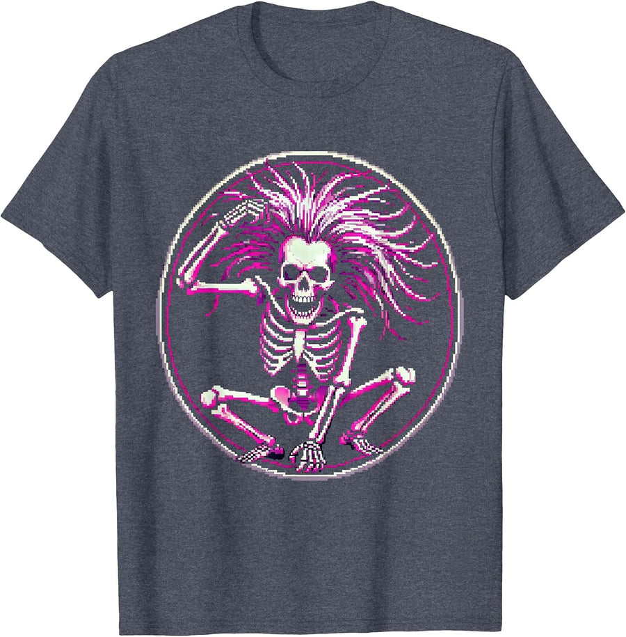 Dancing Skeleton Headbanging Rock Music Graphic T-Shirt - Heather Blue