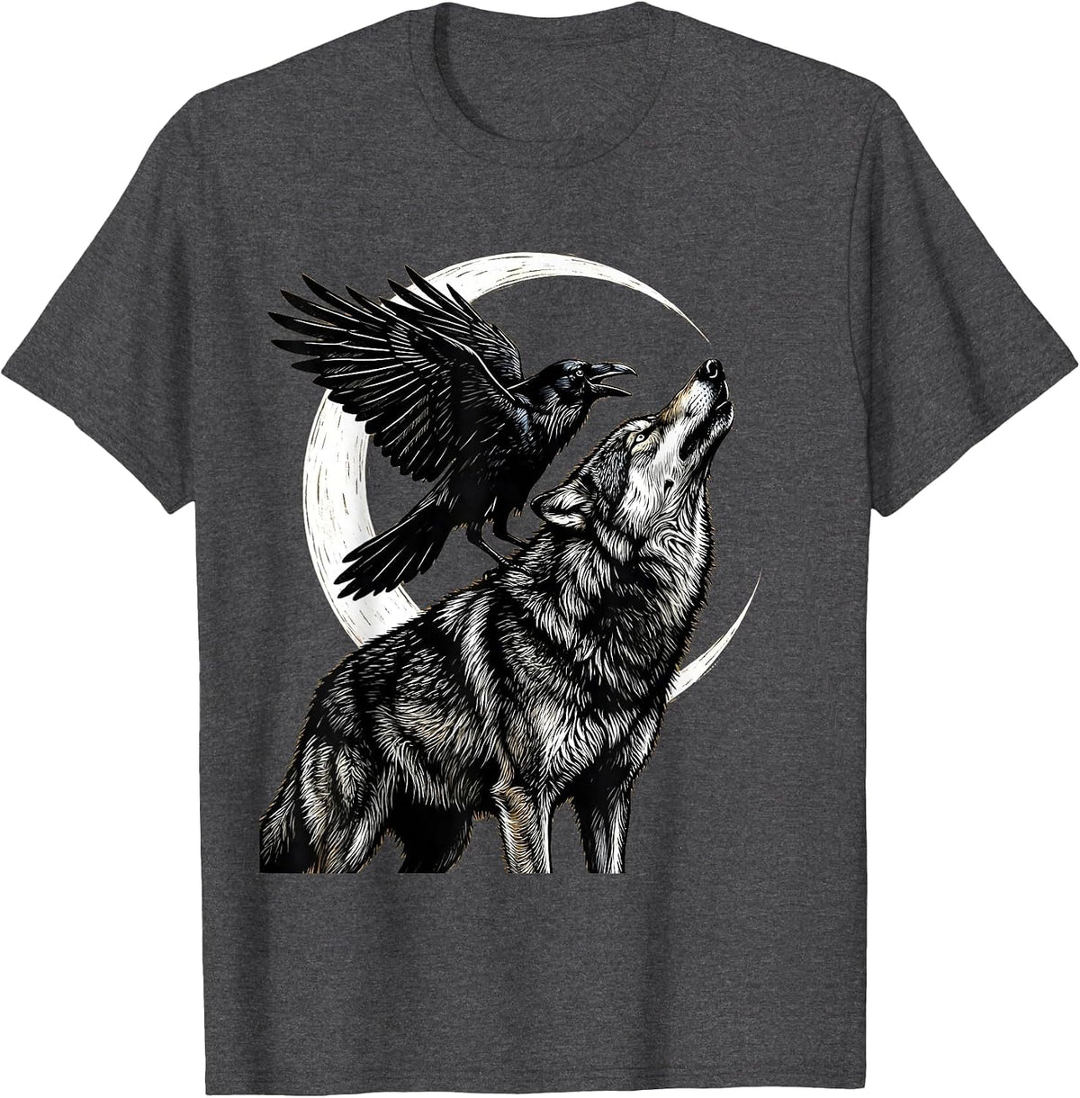Crow and Wolf Howling Together Wildlife Art T-Shirt - Dark Heather Grey