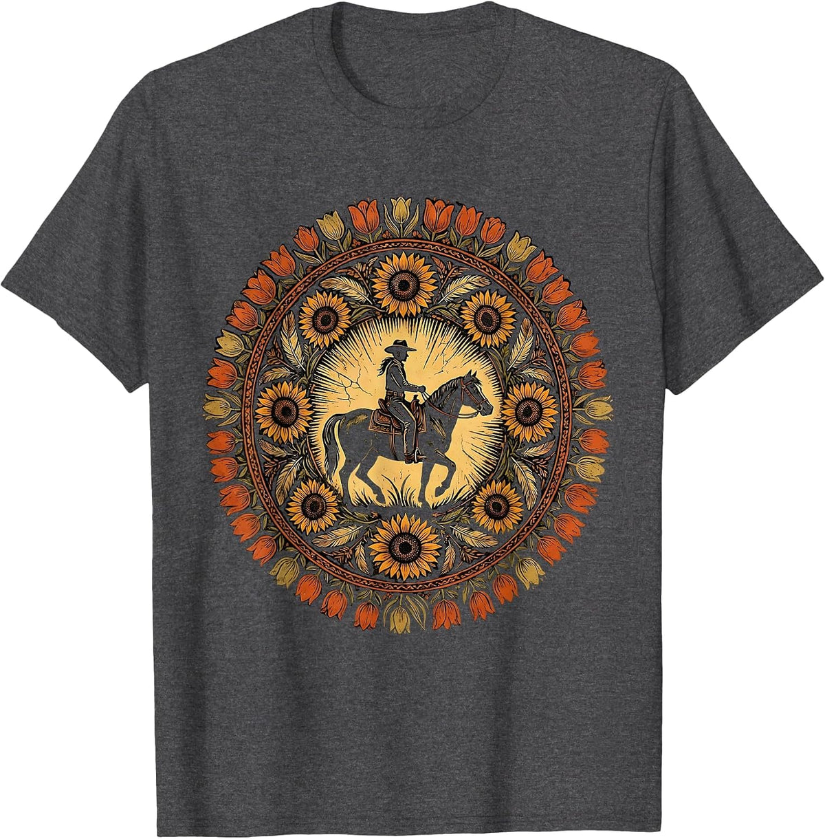 Men's Cowgirl Silhouette Riding Horse at Sunset T-Shirt - Dark Heather Grey