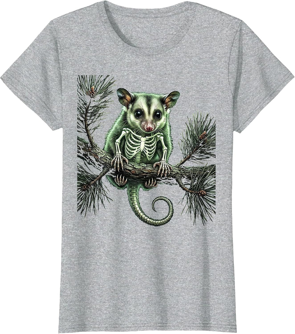 Women's Baby Opossum on Pine Branch Illustration T-Shirt - Heather Grey