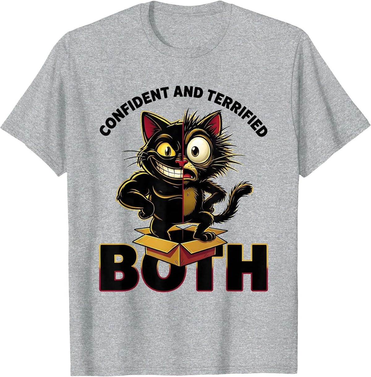 Men's Confident And Terrified, Both Cartoon Quantum Physics Humor T-Shirt - Heather Grey