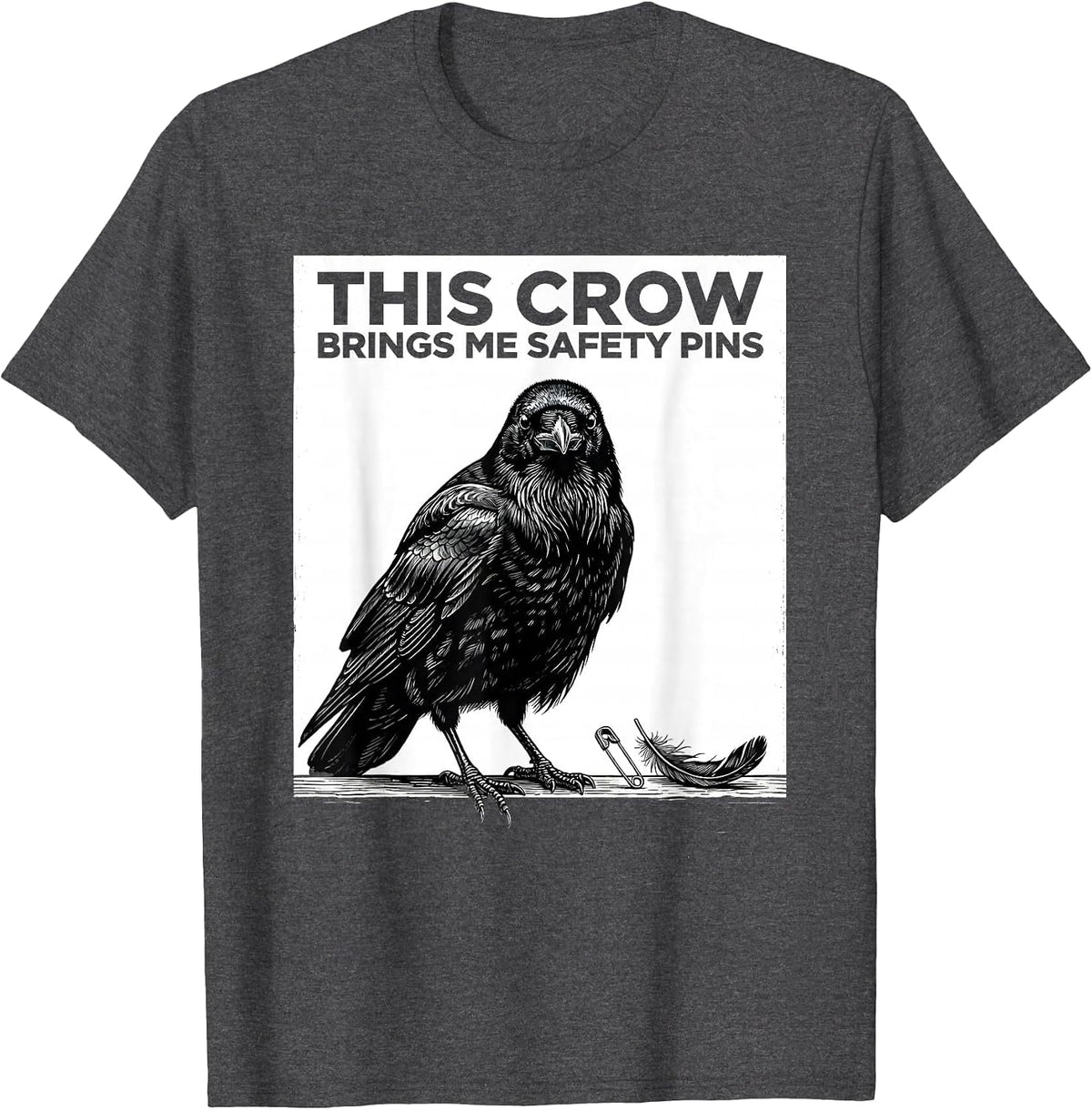 Men's This Crow Brings Me Safety Pins Gothic Crow Humor Bird Lover T-Shirt - Dark Heather Grey
