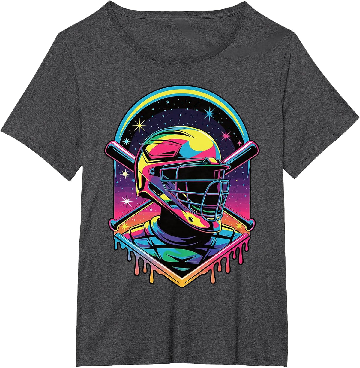 Dripping Baseball Catcher Mask Baseball Vaporwave Bat T-Shirt - Dark Heather Grey