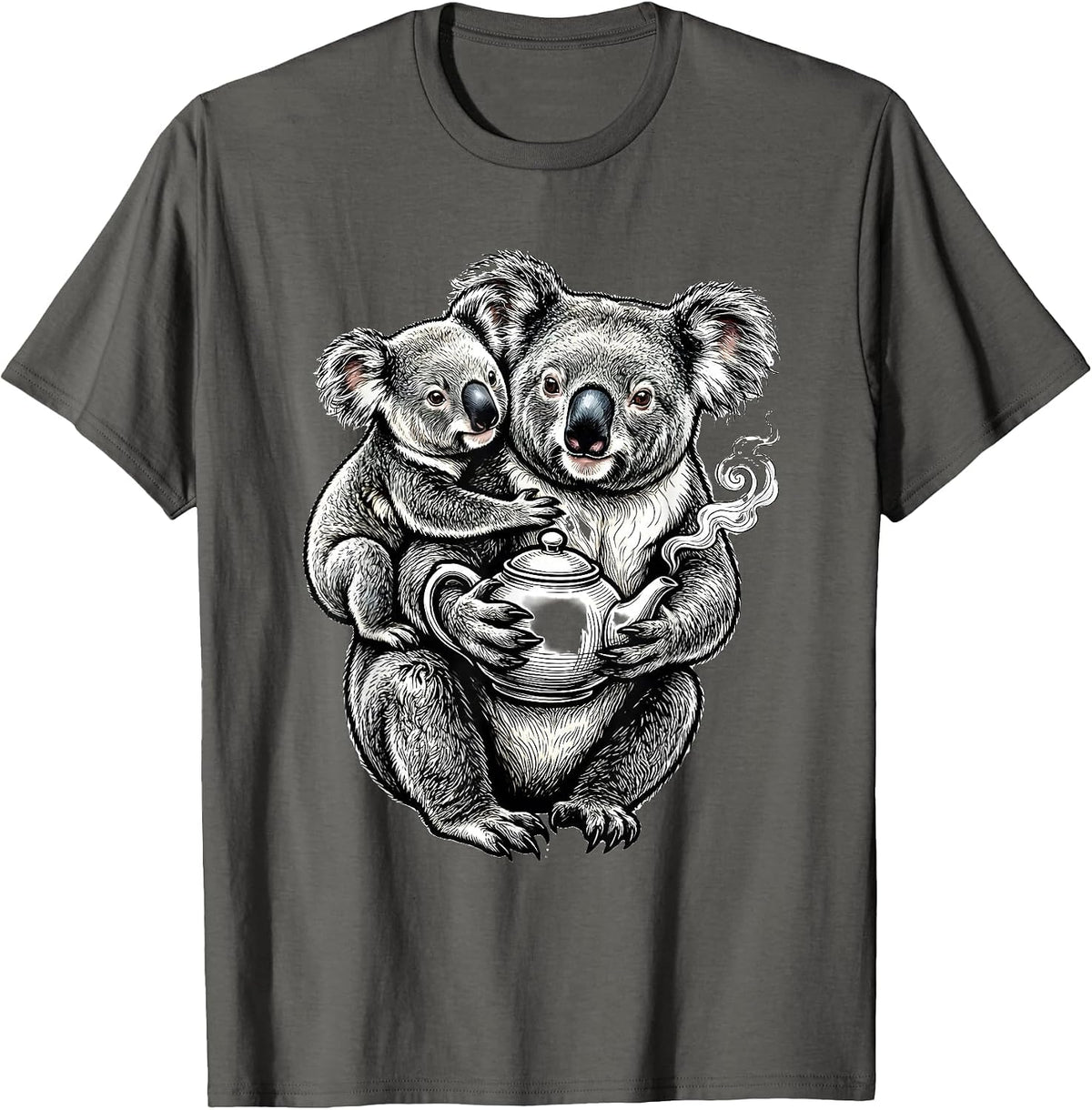 Koala Tea Piggyback Funny Animal Pun Gift T-Shirt - Asphalt Grey