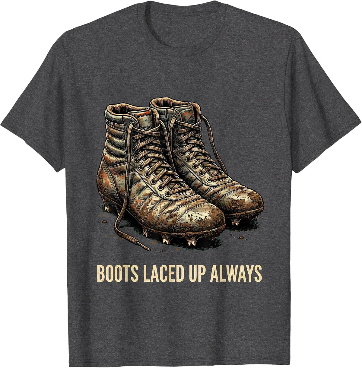 Men's Boots Laced Up Always Rugby Design T-Shirt - Dark Heather Grey