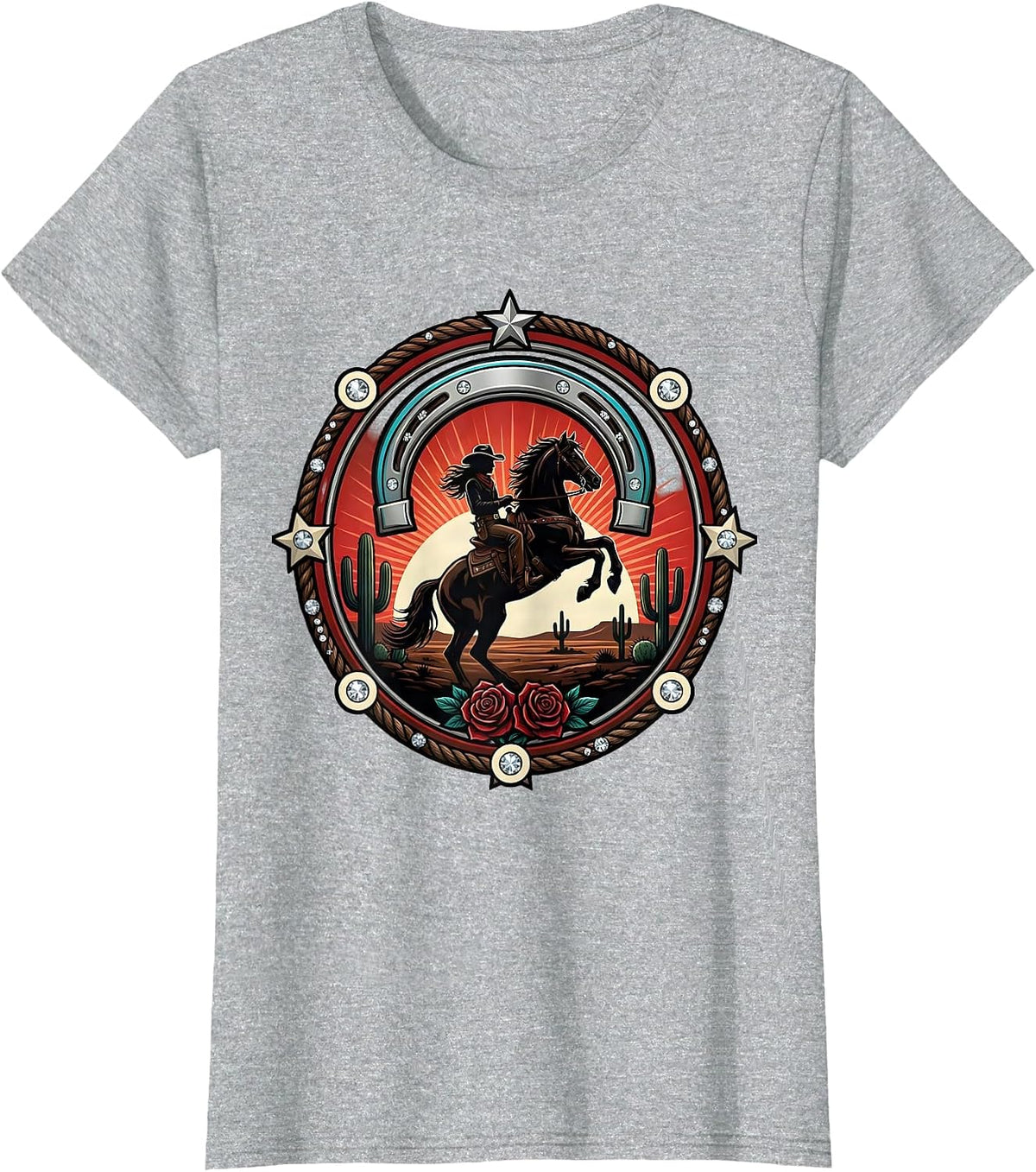 Cowgirl Riding Horse Desert Sunset Illustration T-Shirt - Heather Grey