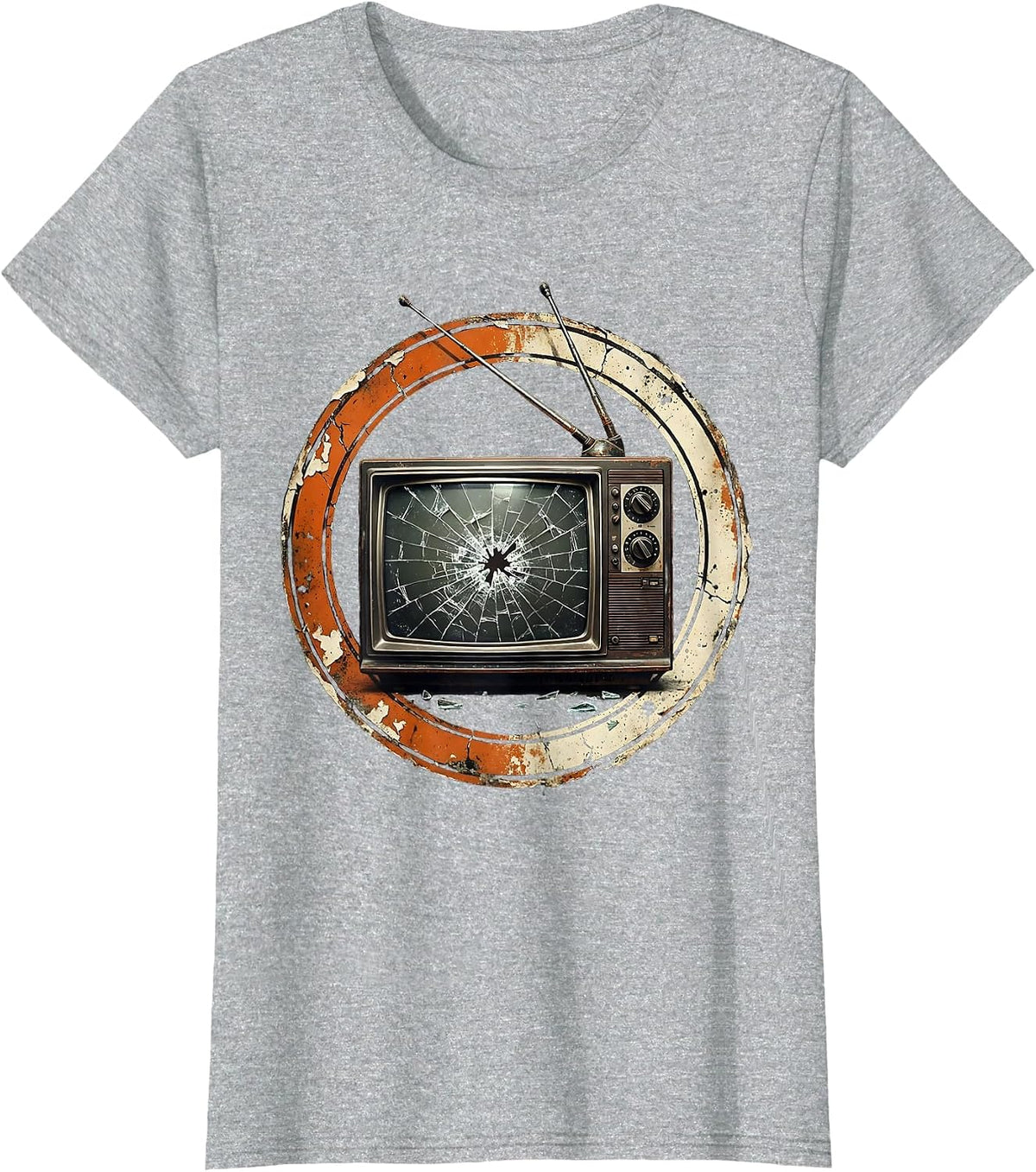 Vintage Smashed TV Grunge Retro Art Design T-Shirt - Heather Grey
