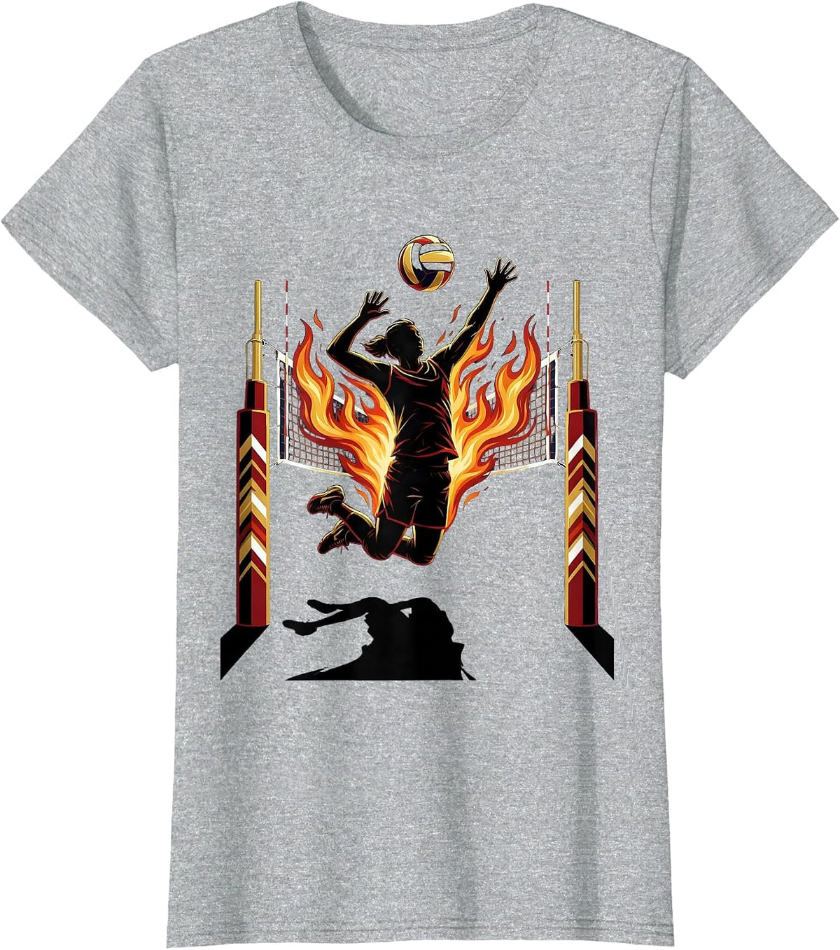 Volleyball Mom Flaming Net Graphic Design T-Shirt - Heather Grey