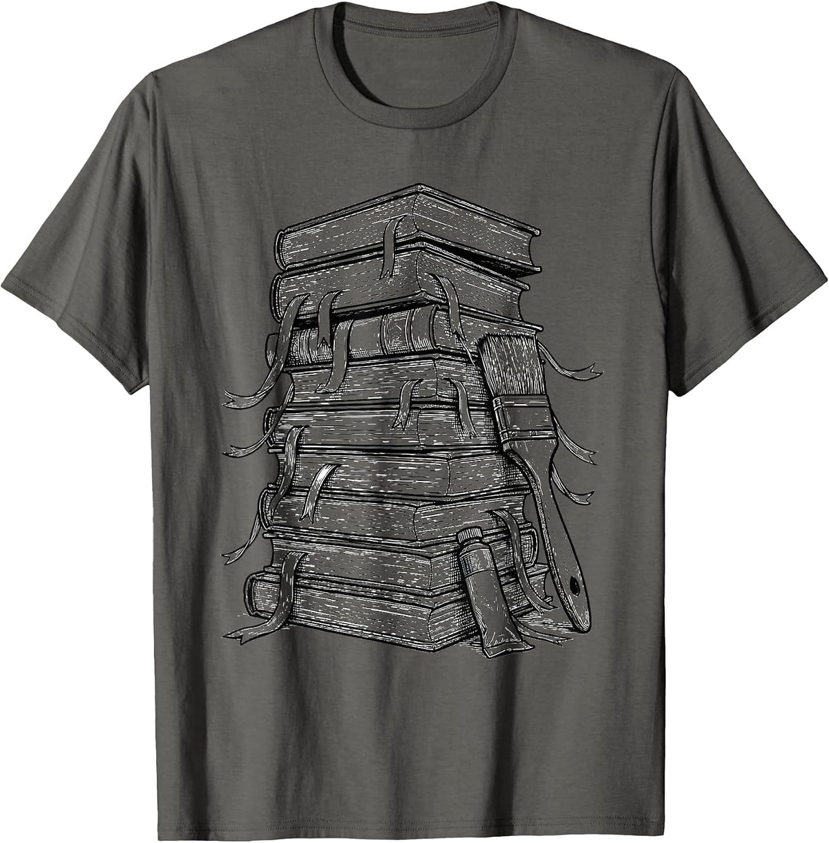 Men's Art Teacher Stacked Books Illustration Gift T-Shirt - Asphalt Grey