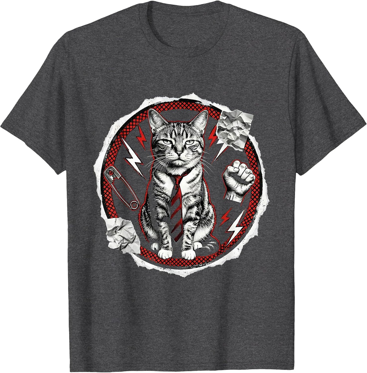 Stoic Cat in Business Tie Ignoring Chaos T-Shirt - Dark Heather Grey