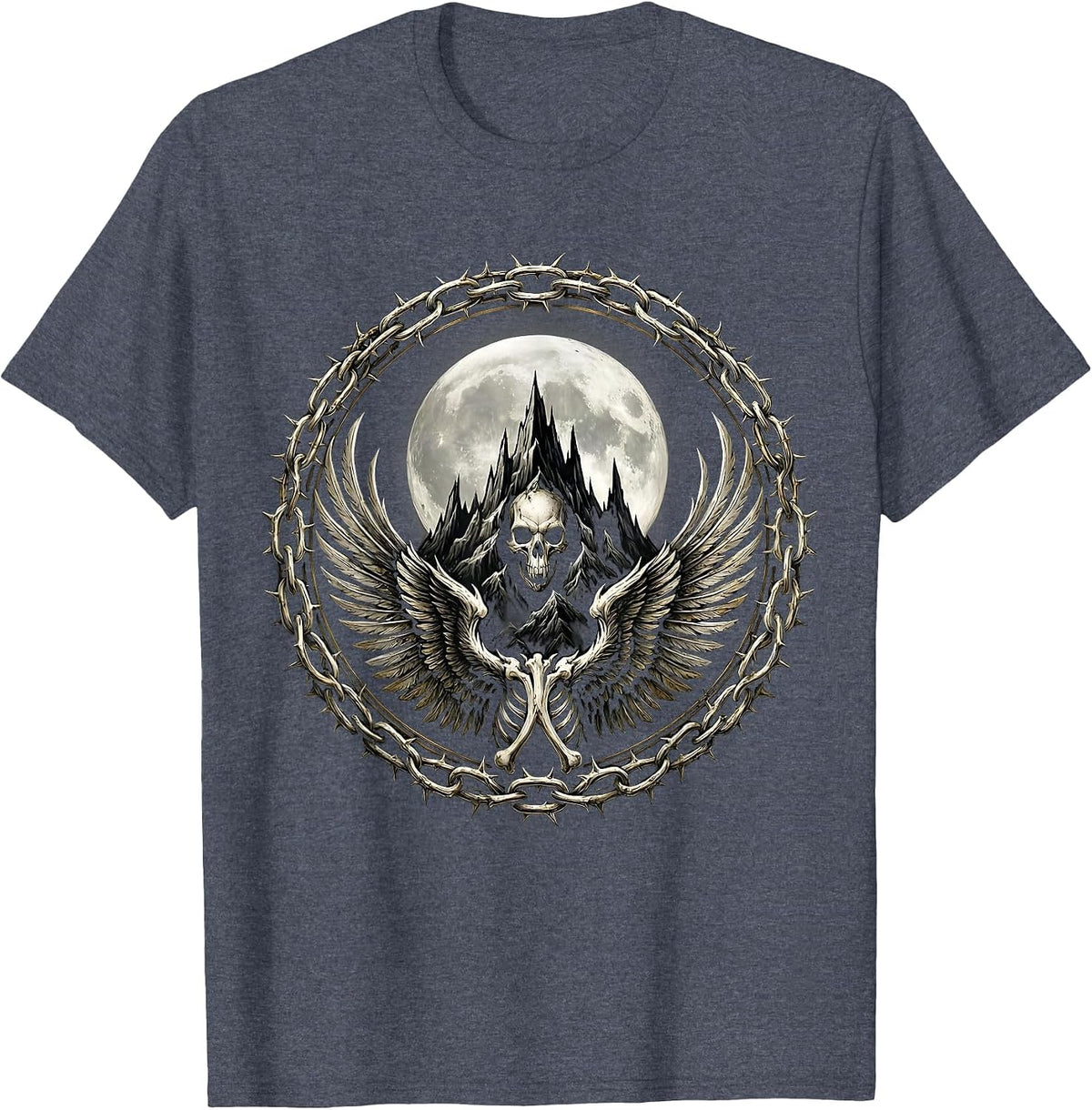 Full Moon Mountain Range Metal Band Graphic T-Shirt - Heather Blue