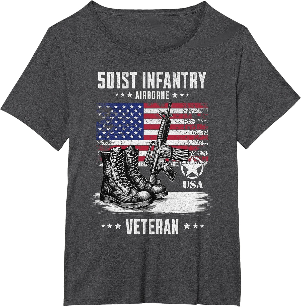 501st Infantry 82nd Airborne Military Veteran Distressed T-Shirt - Dark Heather Grey