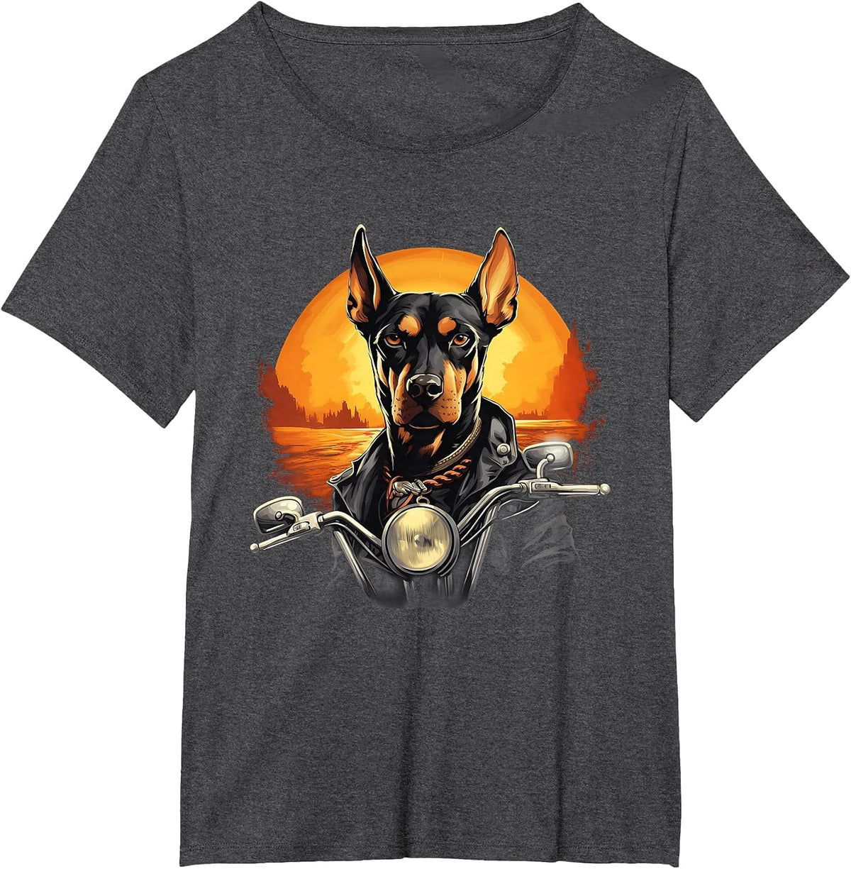 Biker Doberman Pinscher Dog Riding Motorcycle T-Shirt - Dark Heather Grey
