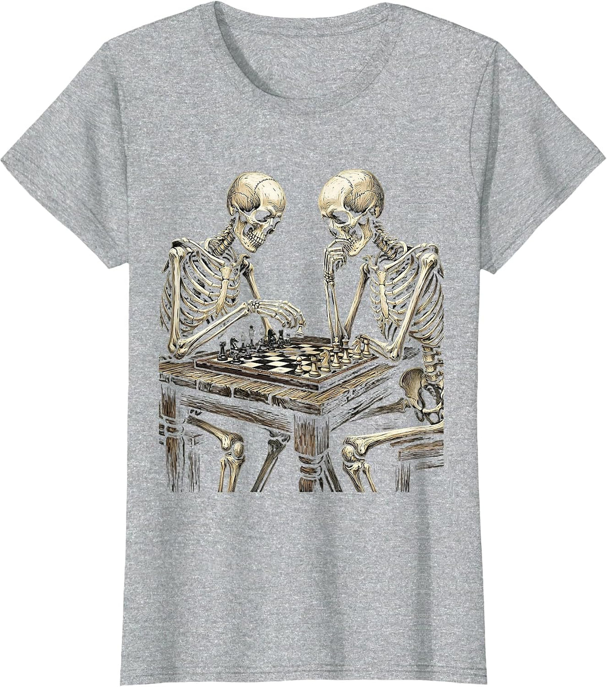 Women's Skeleton Chess Match Funny Halloween Design T-Shirt - Heather Grey