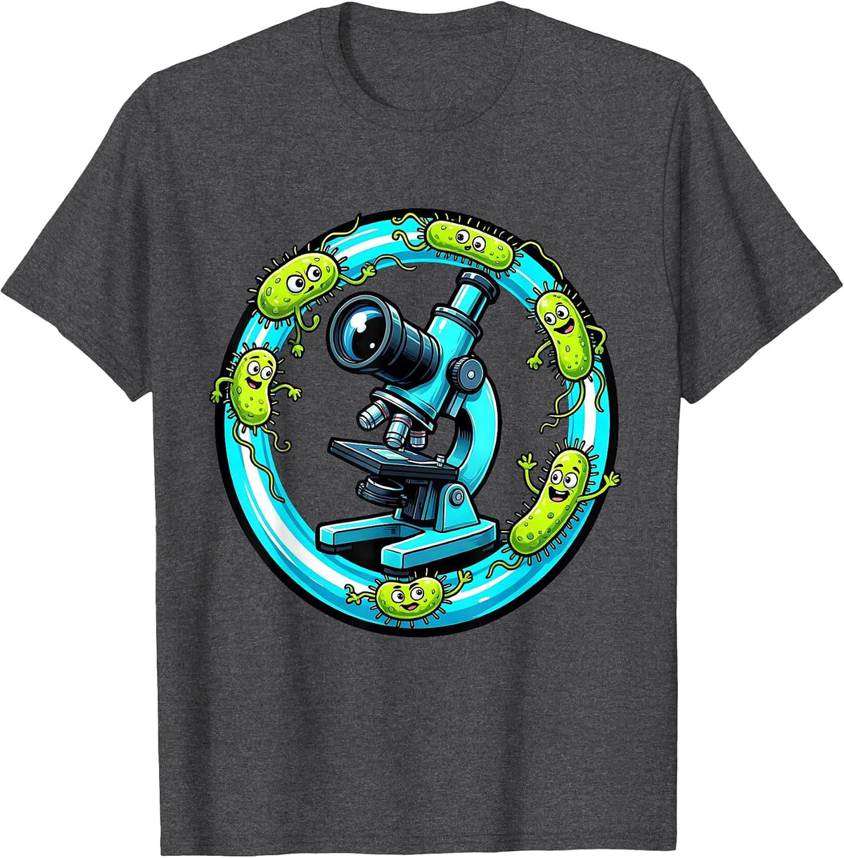 Men's Microscope Swirling Bacteria Medical Science Design T-Shirt - Dark Heather Grey