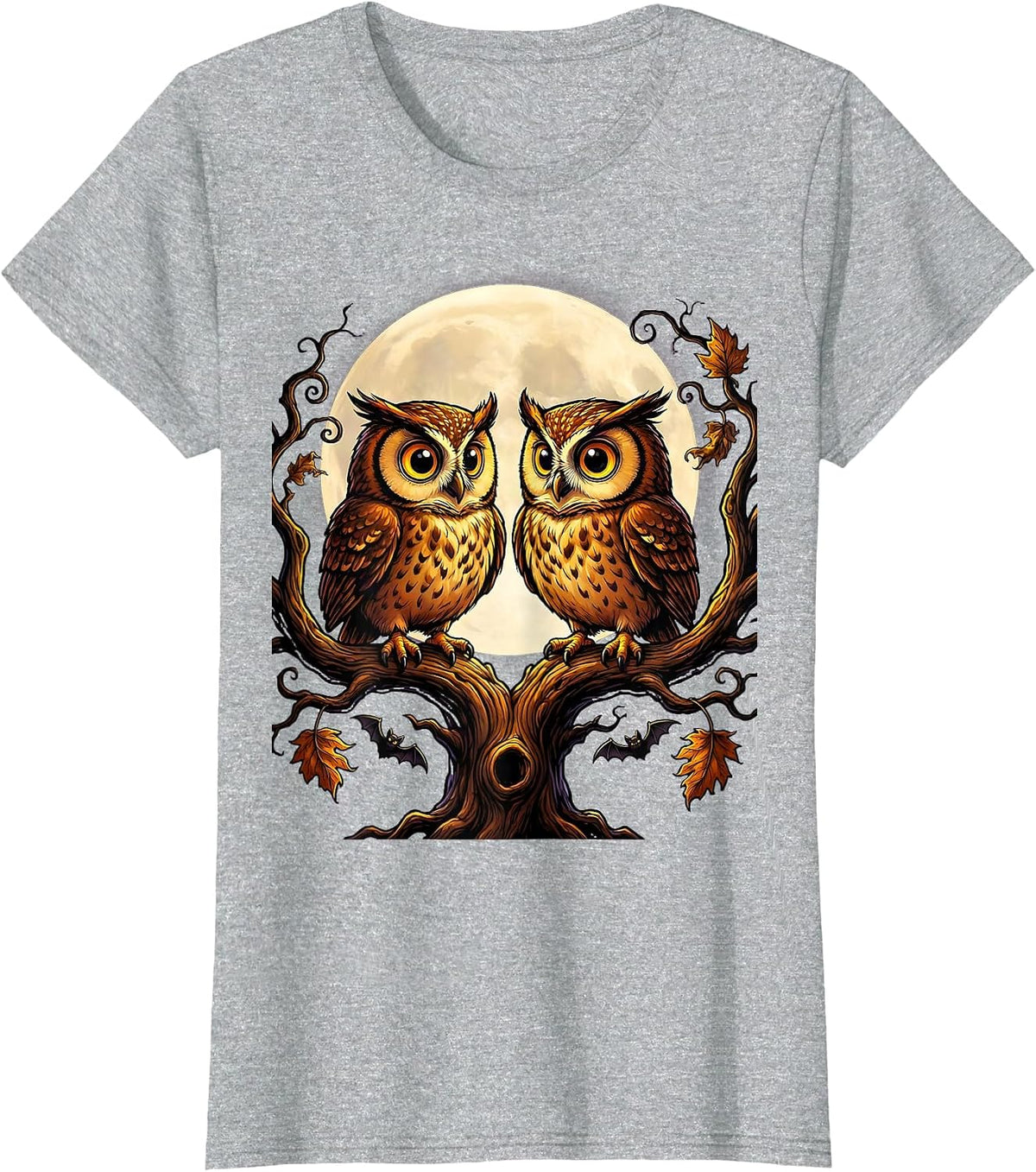 Women's Halloween Twin Owls on Mirrored Branches Design T-Shirt - Heather Grey