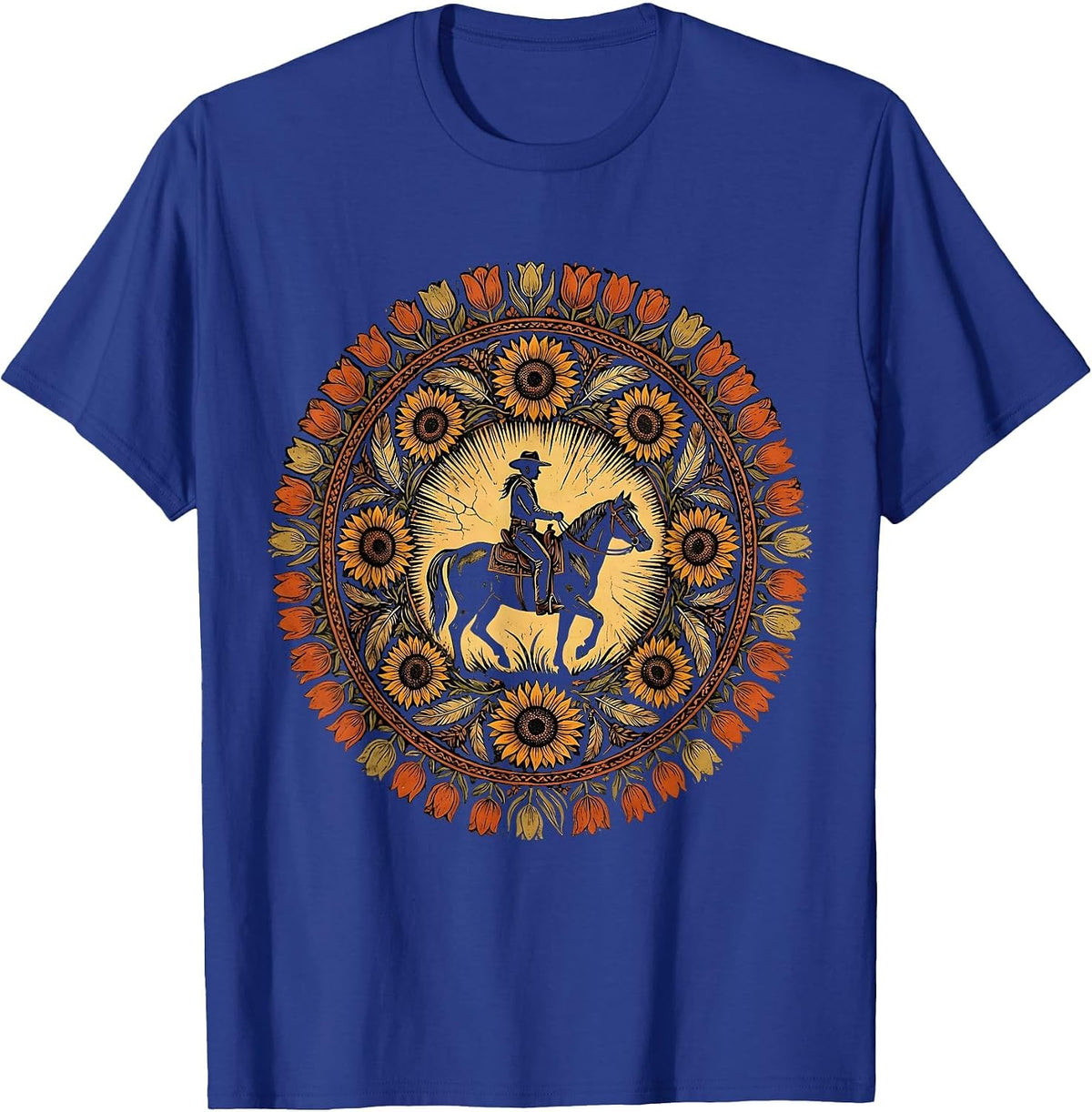 Men's Cowgirl Silhouette Riding Horse at Sunset T-Shirt - Royal Blue