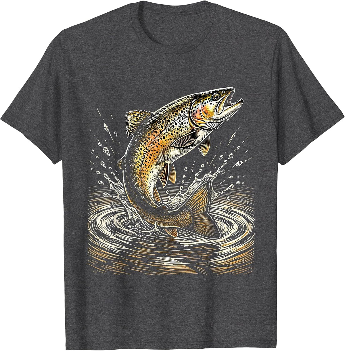 Trout Breaking Surface Golden Sunlight Fishing T-Shirt - Dark Heather Grey