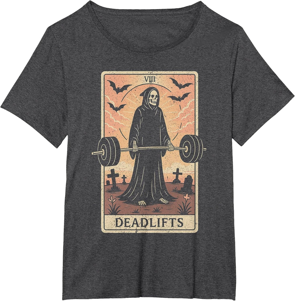Tarot Card Deadlifts Grim Reaper Weightlifting Workout Gym T-Shirt - Dark Heather Grey