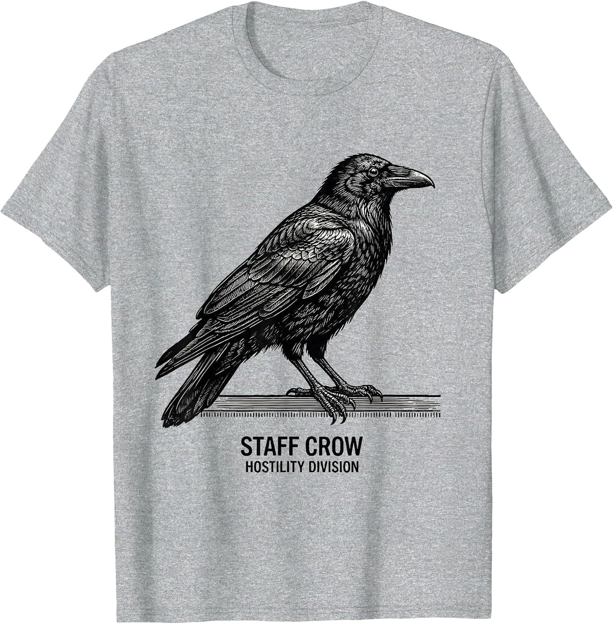 Men's STAFF CROW HOSTILITY DIVISION Funny Gothic Crow Dark Humor T-Shirt - Heather Grey