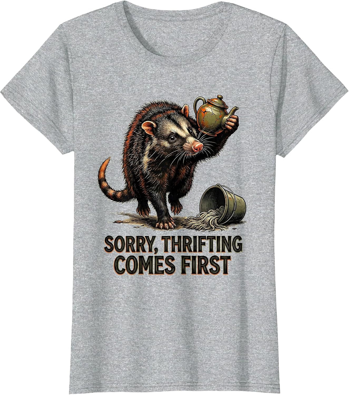 Sorry Thrifting Comes First Funny Opossum Vintage Collector T-Shirt - Heather Grey