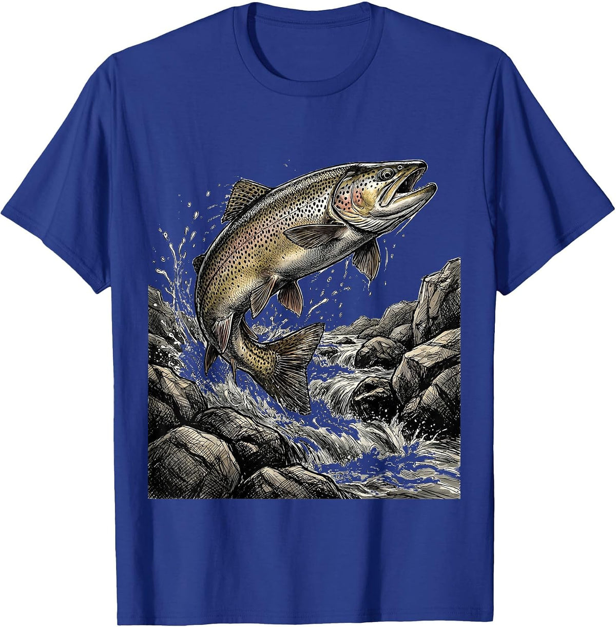 Trout Upstream Mountain Rapids Fishing Graphic T-Shirt - Royal Blue