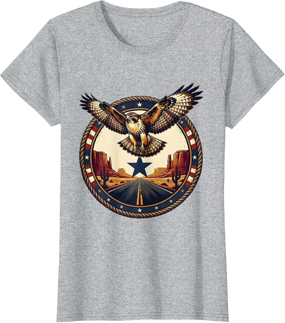 Route 66 Hawk Soaring Over Desert Highway T-Shirt - Heather Grey