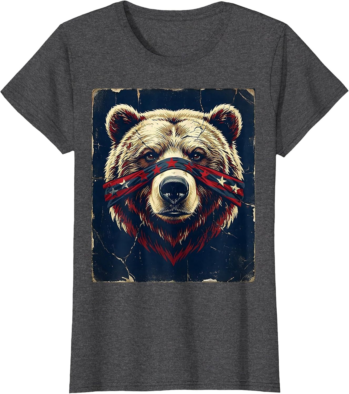 Women's Patriotic Bear Stars and Stripes Bandana Design T-Shirt - Dark Heather Grey