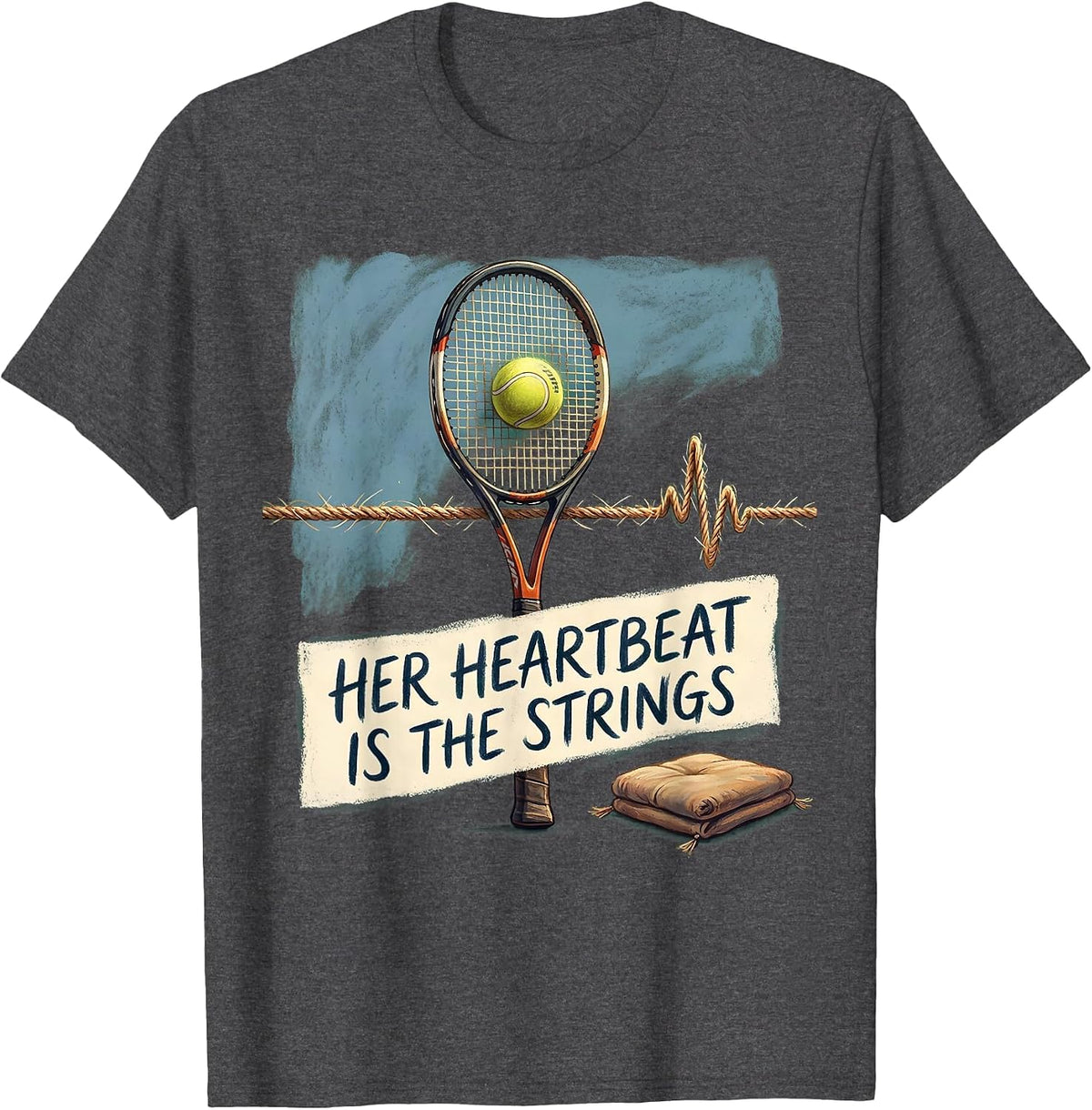 Men's Her Heartbeat Is The Strings Storybook Tennis Lover Gift T-Shirt - Dark Heather Grey
