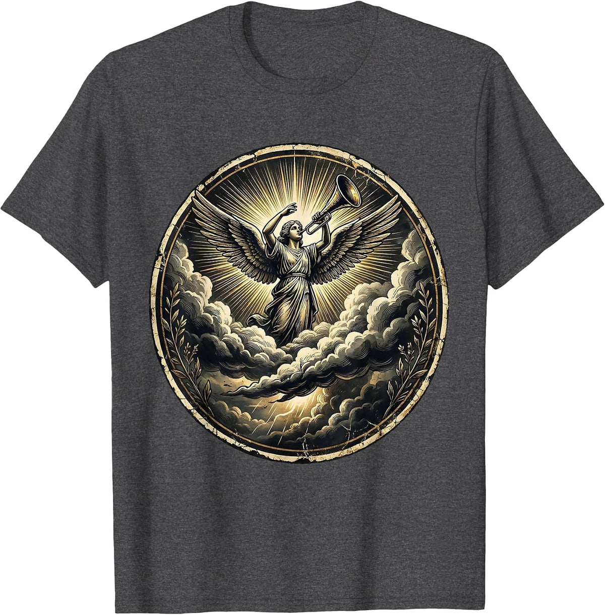 Men's Trumpet Angel Parting Storm Clouds Christian Art T-Shirt - Dark Heather Grey