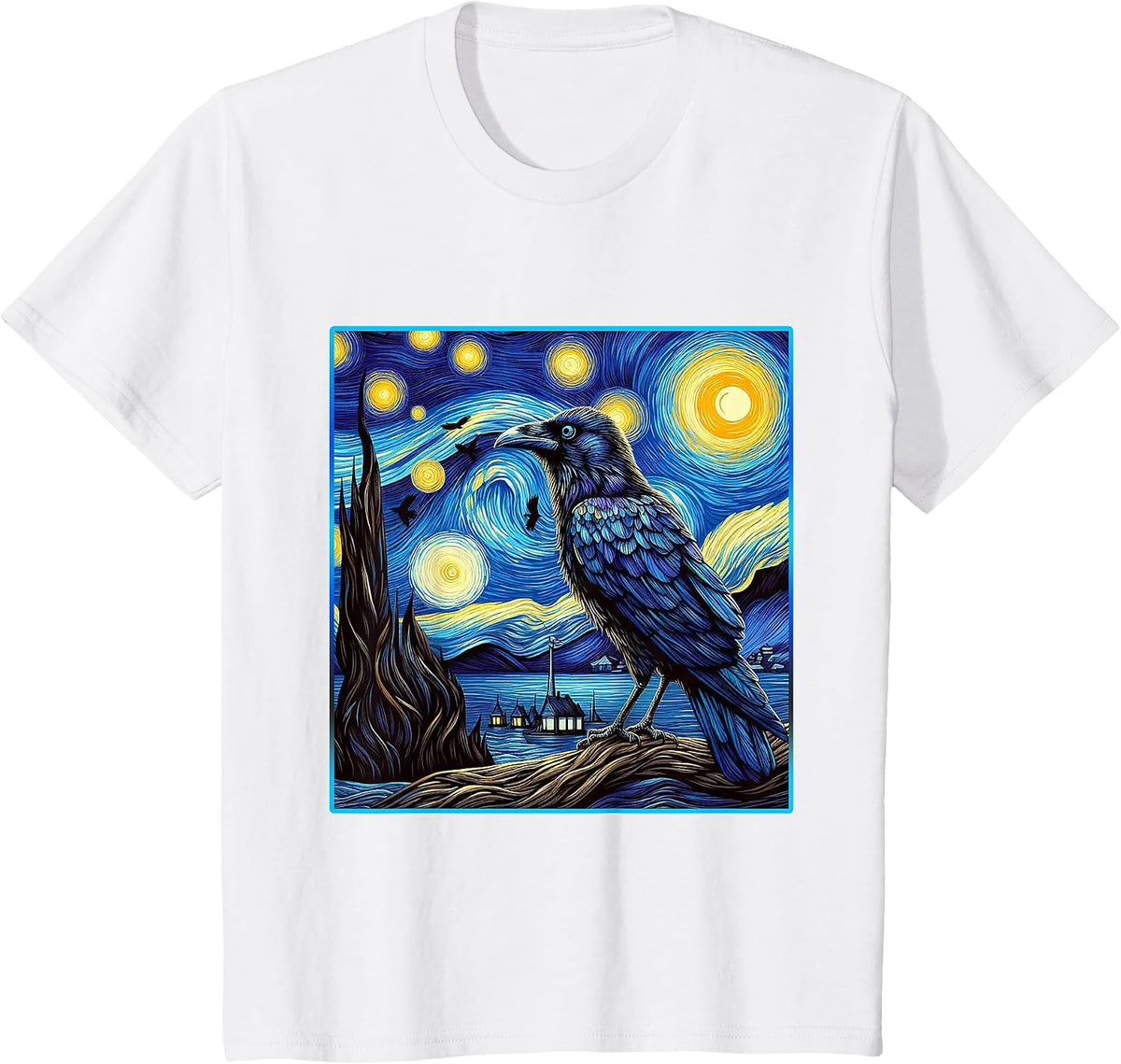 Raven Starry Night Shirt Van Gogh Painting Black Crow Lover T-Shirt - White
