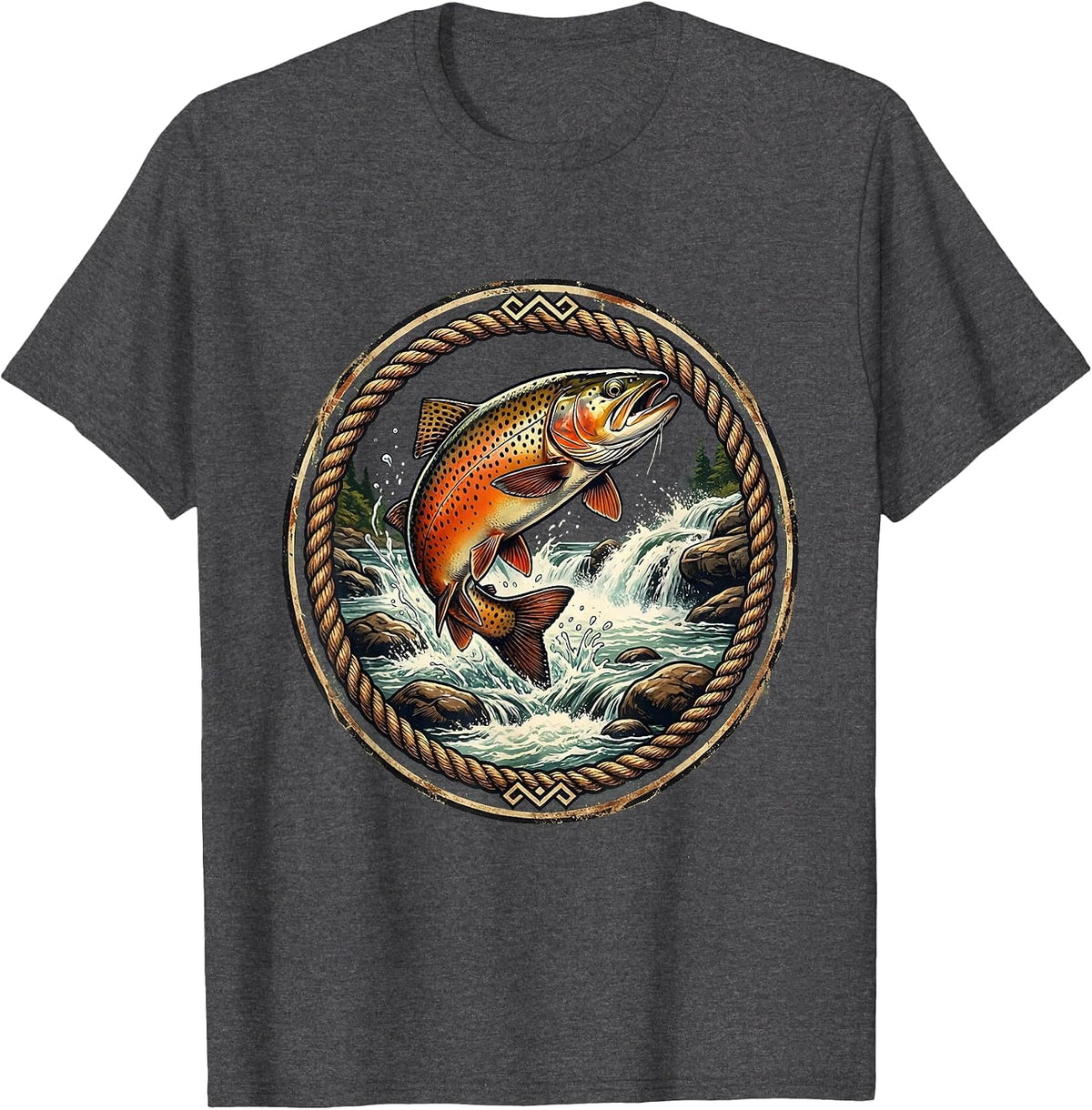 Trout Upstream Wild River Rapids Fishing Design T-Shirt - Dark Heather Grey