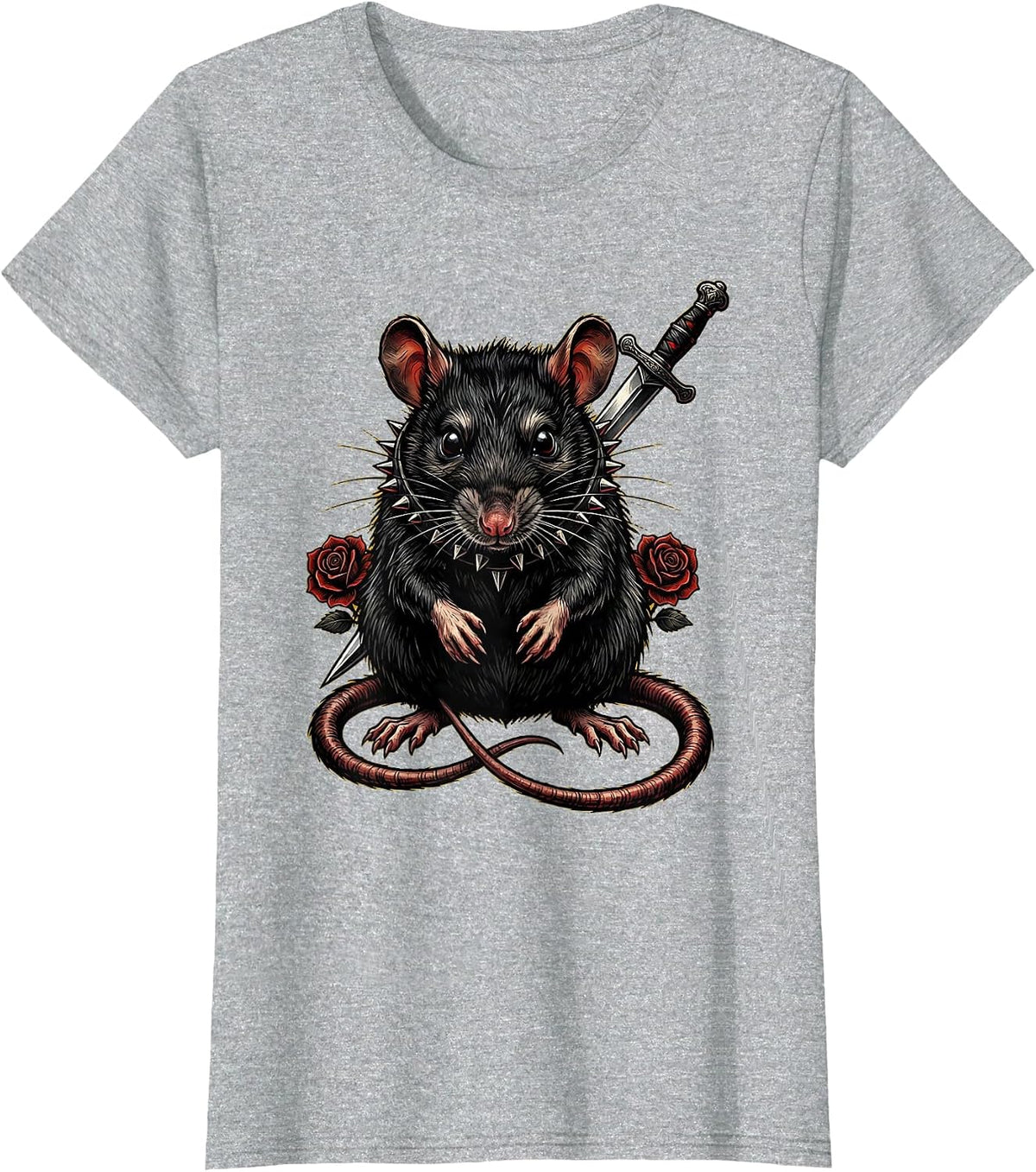 Punk Rat Studded Collar Graphic Design T-Shirt - Heather Grey