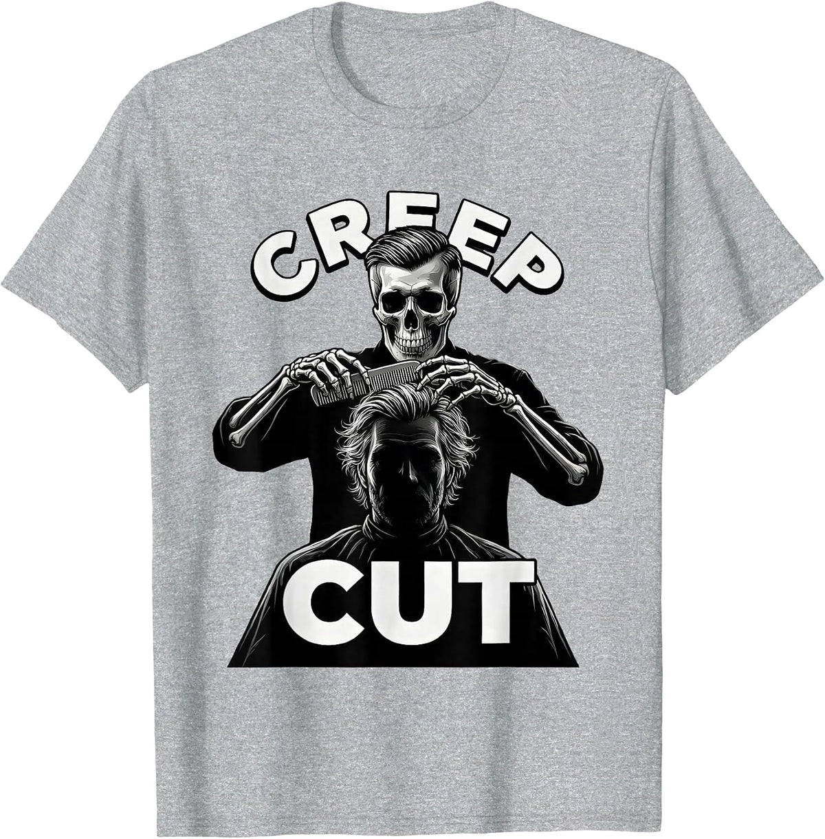 Men's Creep Cut Skeleton Hairstylist Halloween Barber Humor T-Shirt - Heather Grey