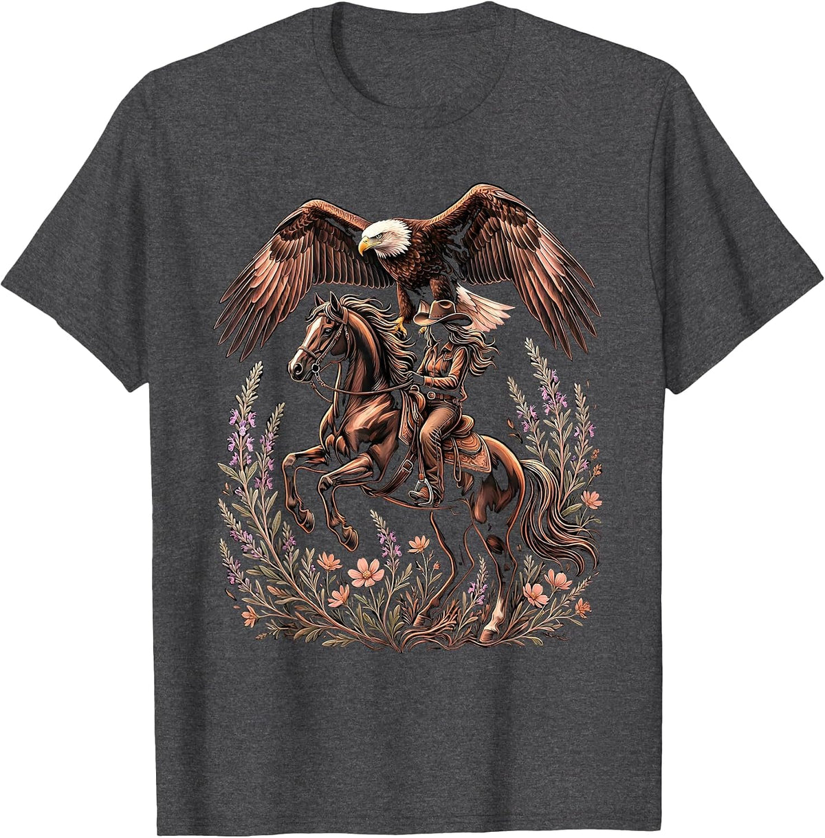 Eagle and Cowgirl on Horseback Western Graphic T-Shirt - Dark Heather Grey