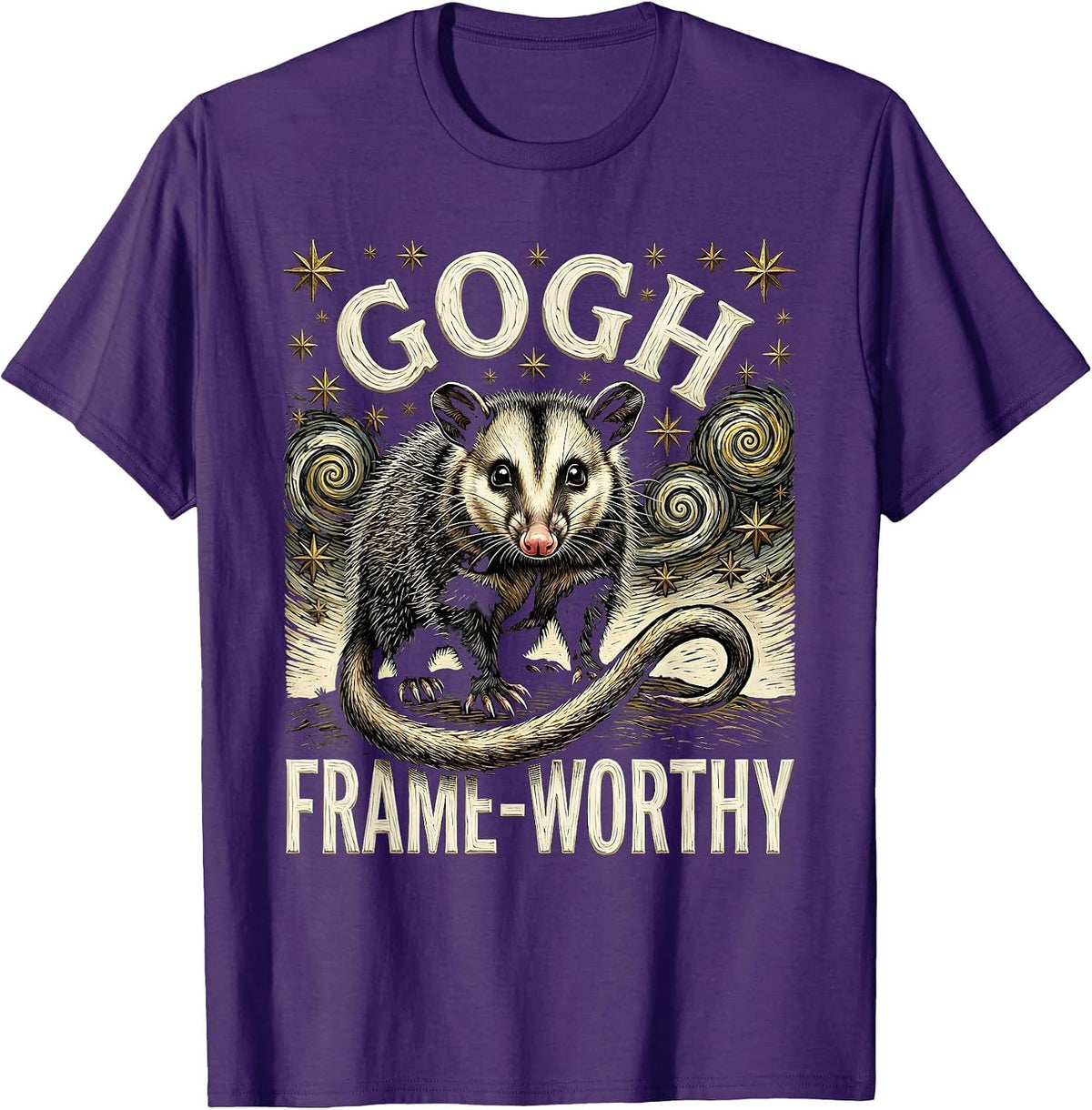 Men's Gogh, Frame-Worthy Woodcut Engraving Opossum Van Gogh Art T-Shirt - Purple
