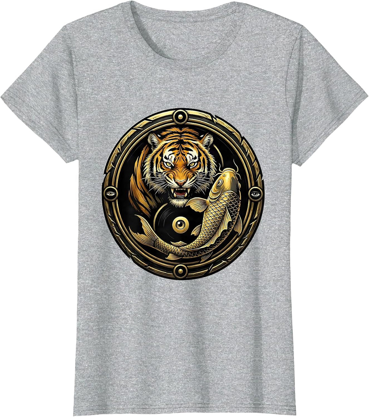 Tiger and Koi Fish Yin-Yang Balance Design T-Shirt - Heather Grey