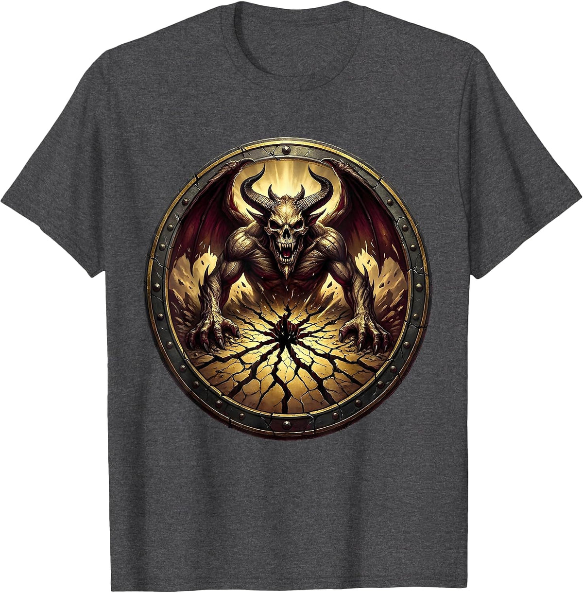 Demon Rising From Cracked Earth Heavy Metal Art T-Shirt - Dark Heather Grey