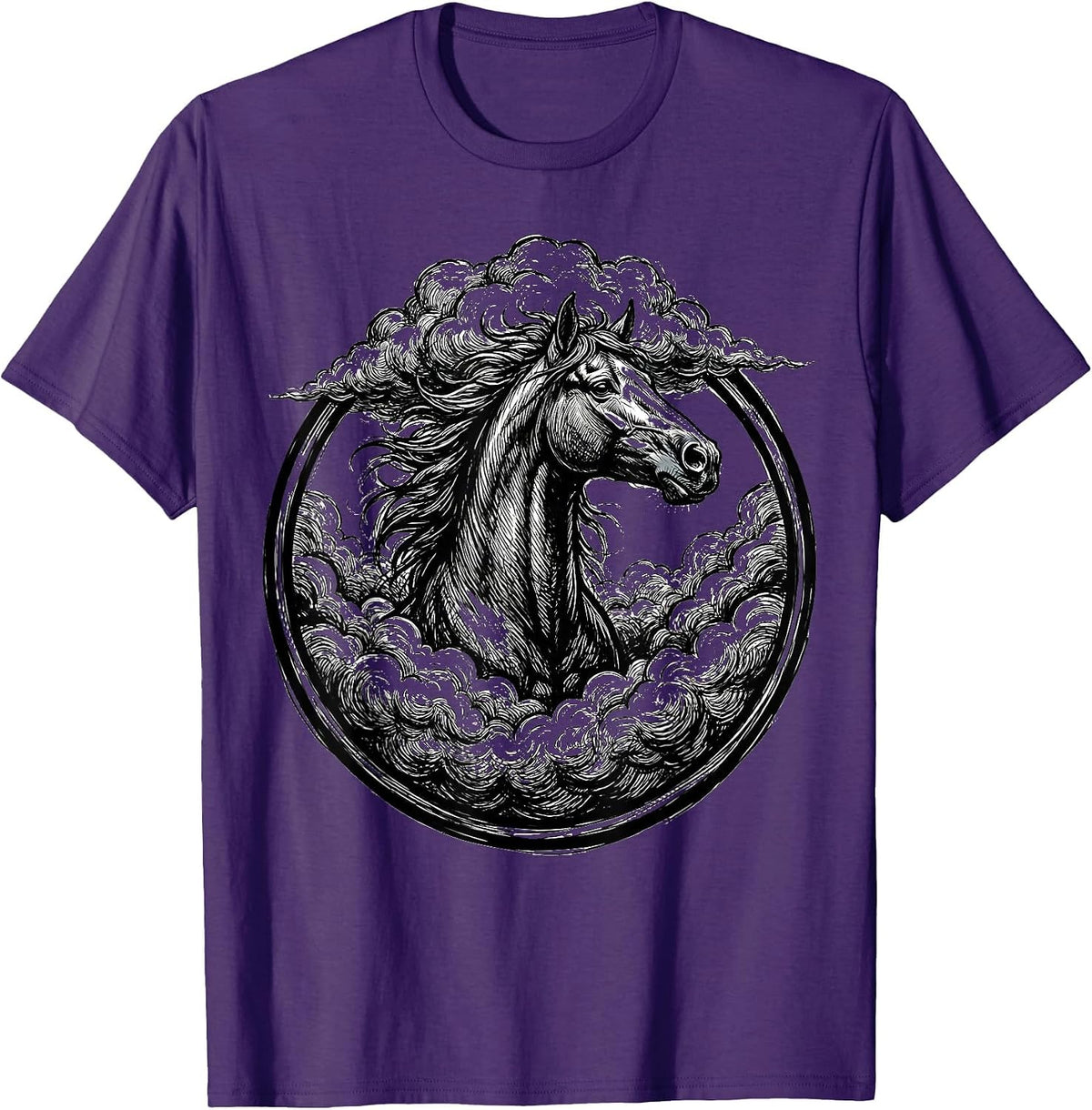 Horse Head Emerging From Thundercloud Graphic T-Shirt - Purple