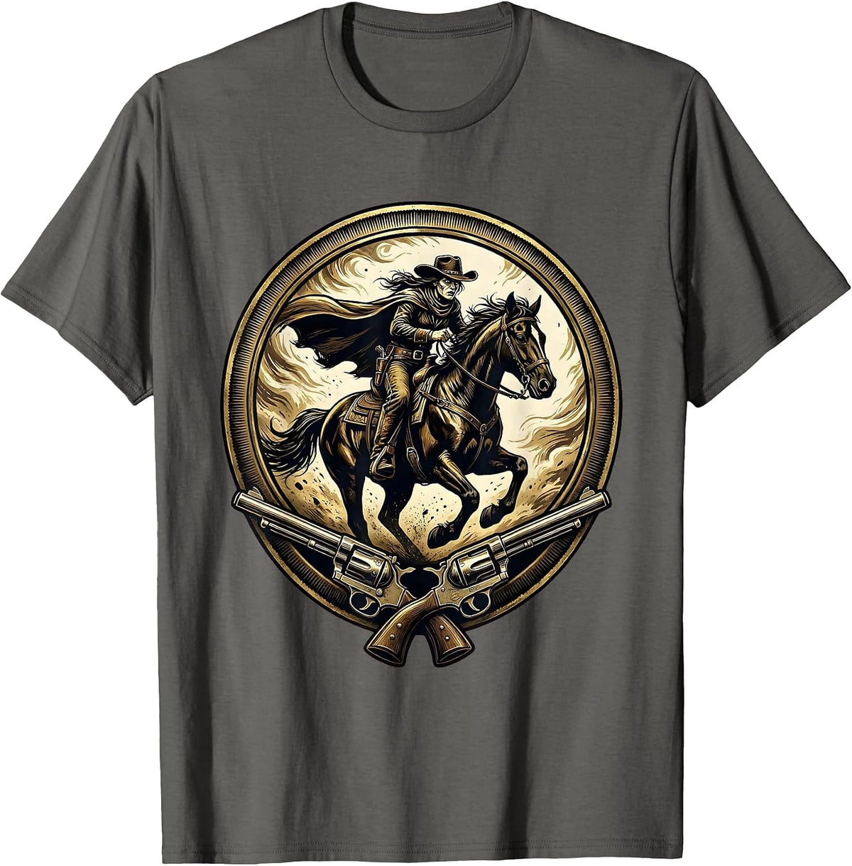 Female Outlaw Riding Horse Through Dust Storm T-Shirt - Asphalt Grey