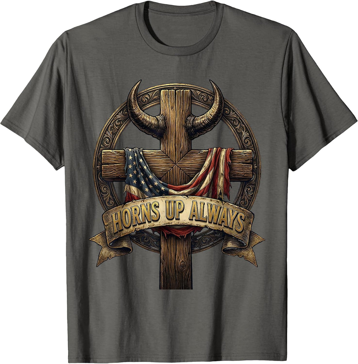 Men's Horns Up Always Metal Band Graphic Design T-Shirt - Asphalt Grey