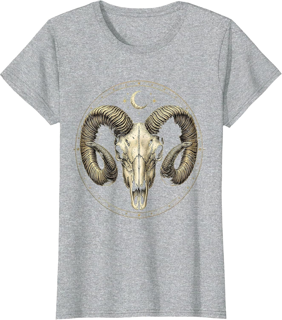 Massive Ram Skull Curling Horns Metal Graphic T-Shirt - Heather Grey