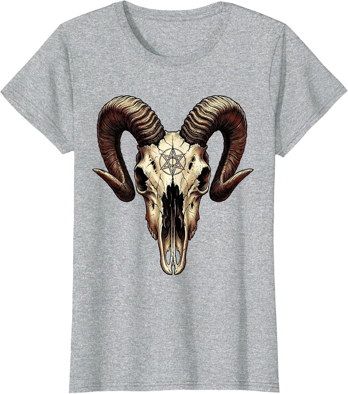 Demonic Goat Skull Curling Horns Horror Illustration T-Shirt - Heather Grey