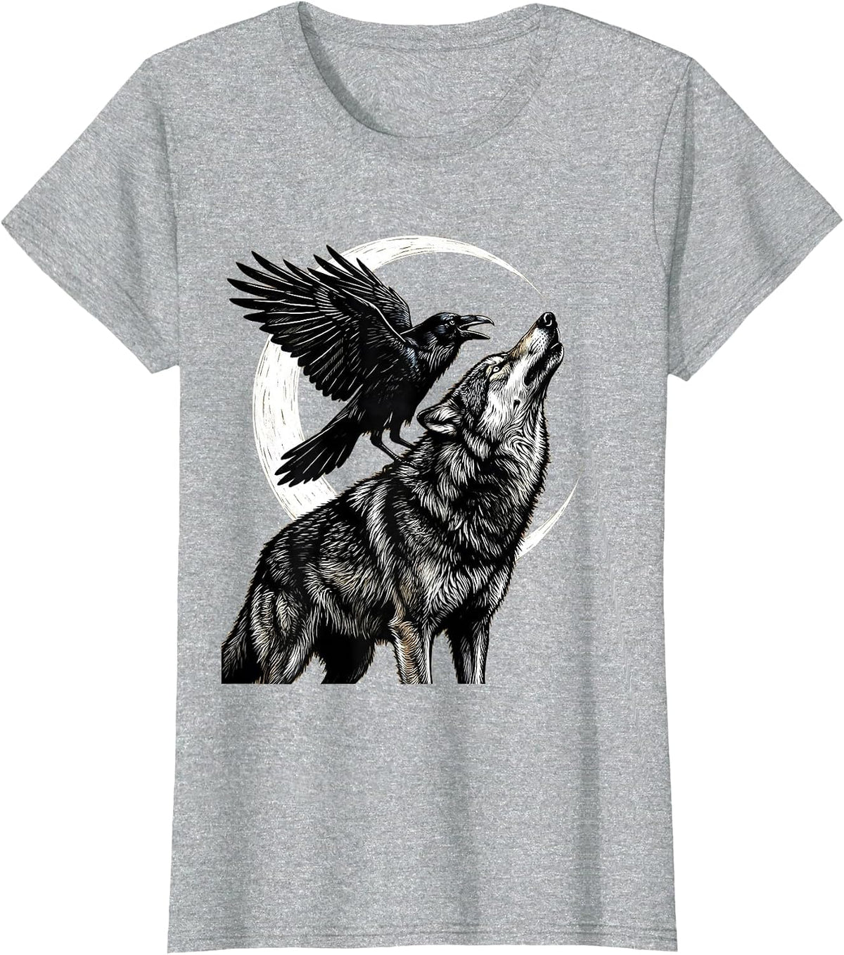 Crow and Wolf Howling Together Wildlife Art T-Shirt - Heather Grey