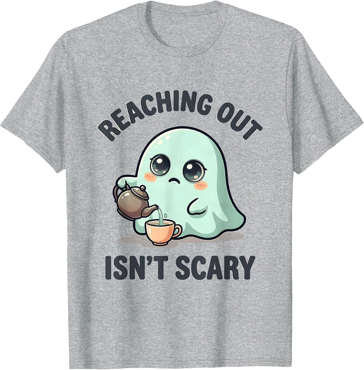 Men's Reaching Out Isn't Scary Cute Kawaii Ghost Halloween Mental T-Shirt - Heather Grey