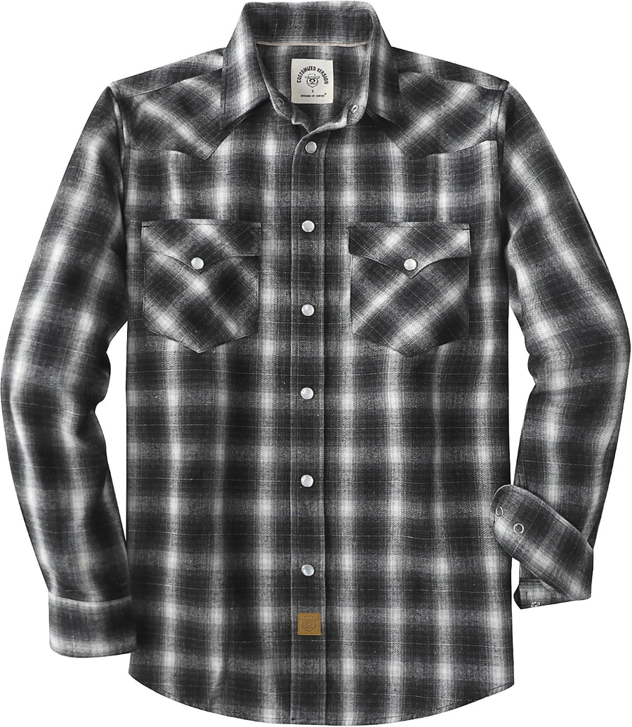 Dubinik® 6 oz Flannel Shirt for Men Pearl Snap Western Cowboy Long Sleeve - Black Ombre