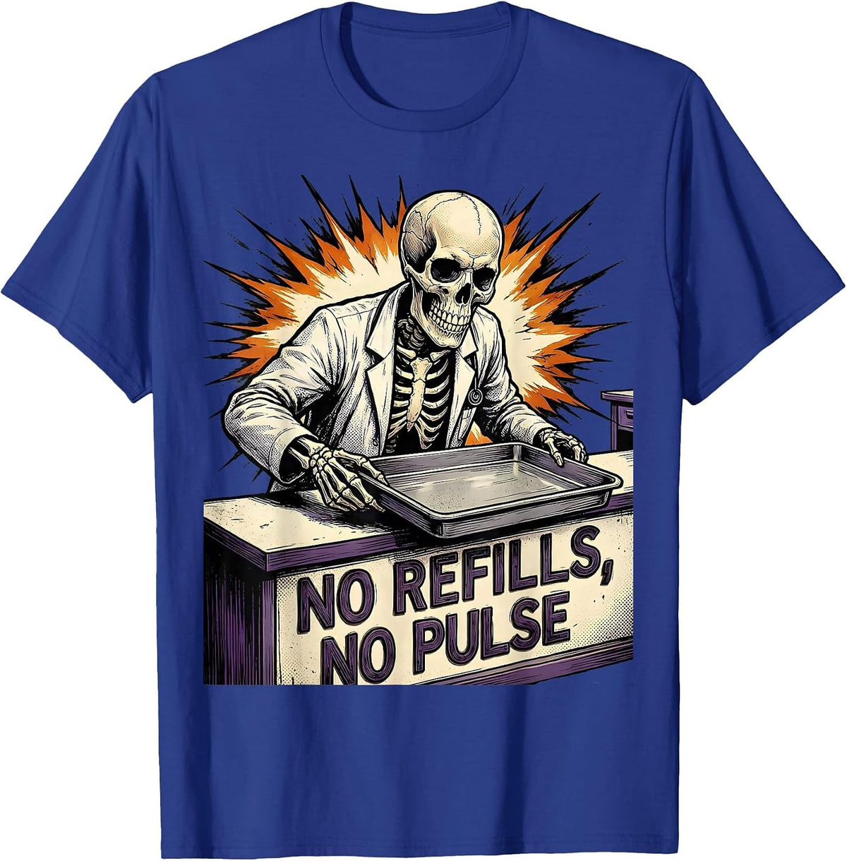 No Refills, No Pulse Comic Book Halloween Pharmacy T-Shirt - Royal Blue